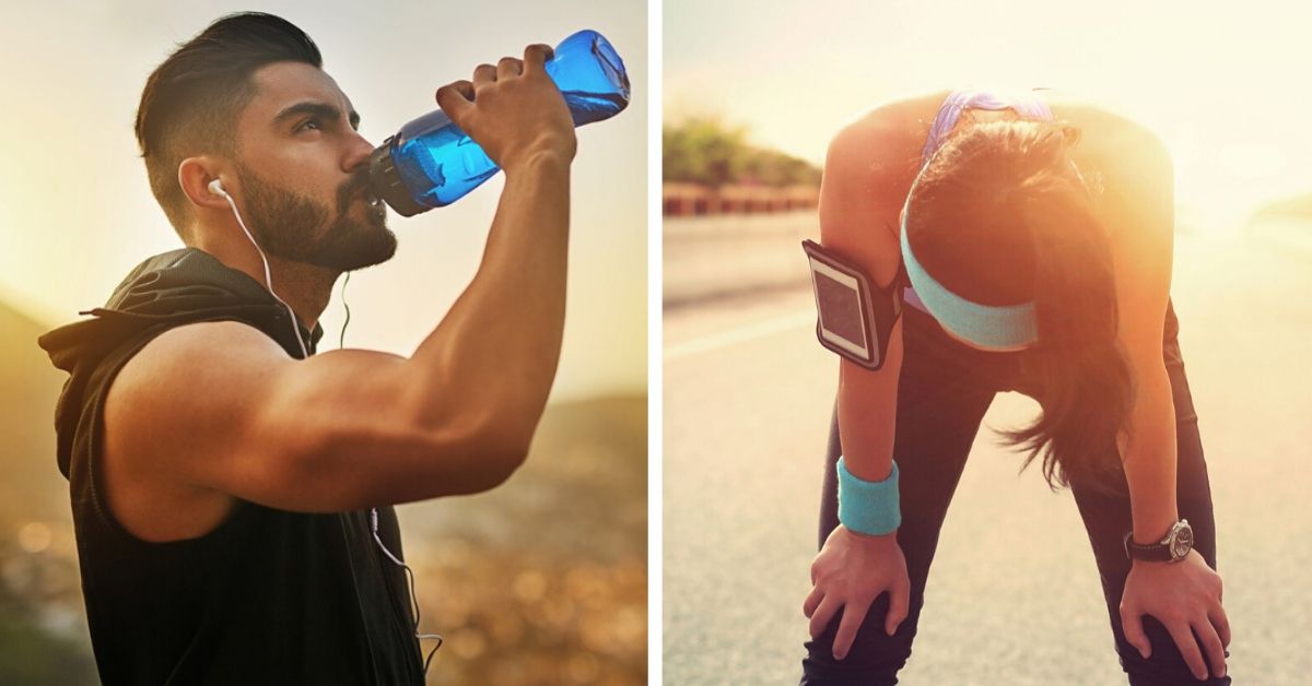 Man drinking from water bottle after exercising.  Woman tired after running, bending over holding her knees.